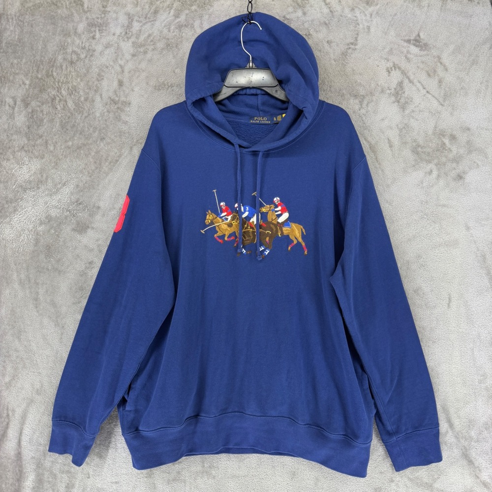 Polo Ralph Lauren Hoodie Mens XL Blue Triple Pony Embroidered Fleece Pullover
